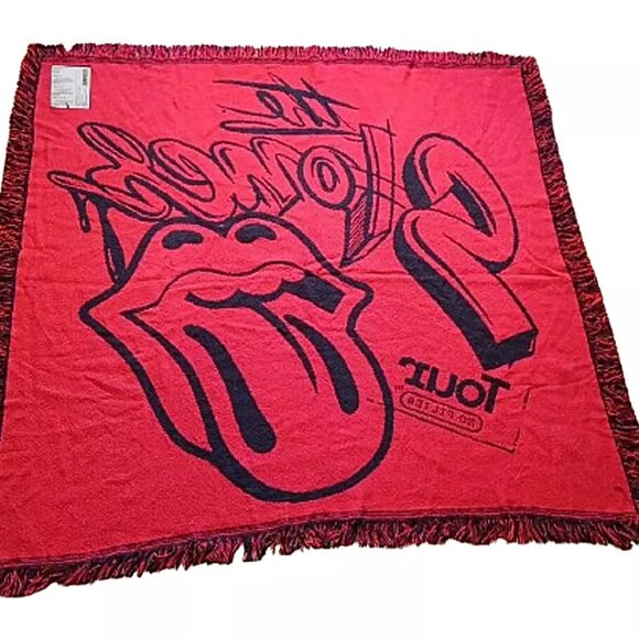 Rolling Stones Tour Black Red Fringe Throw Blanket Cotton 48 x 48 - Picture 2 of 4